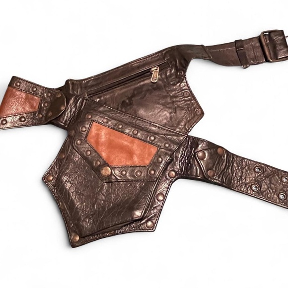 Leather hip belt bag festival hidden pocket black & brown studded adjustable M/L - Picture 4 of 7